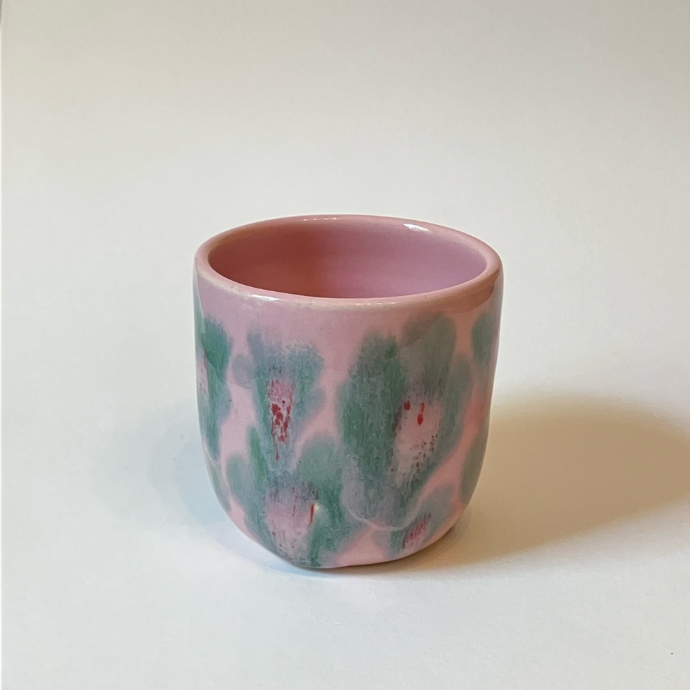 Handmade Pink and Green Ceramic Cup - Drippy Flowers - Psychedelic Tea Cup